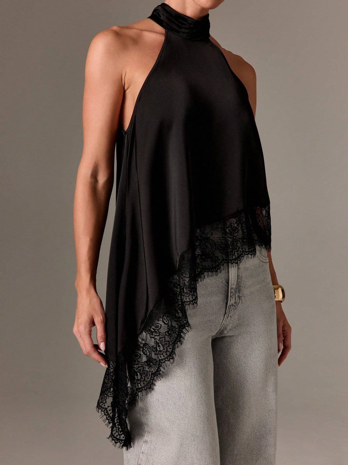 Lace Trim Satin Halter Top