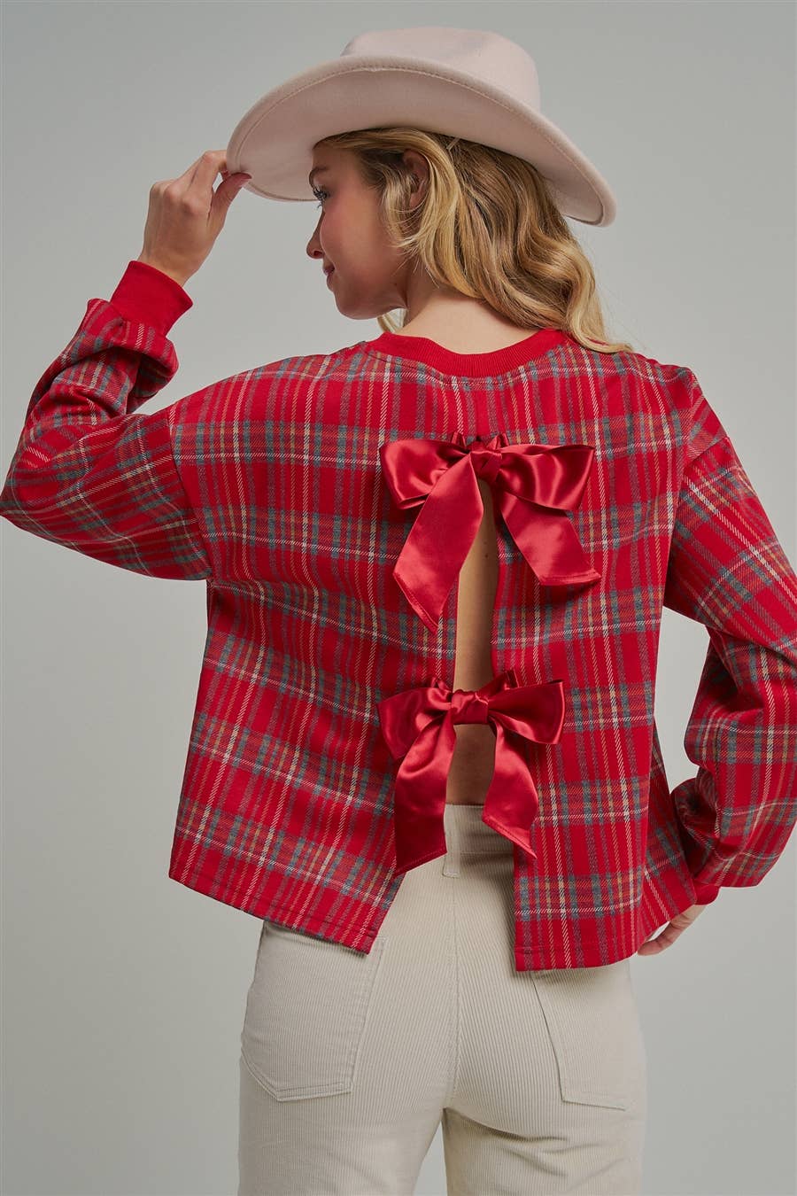 HOLIDAY PLAID TOP WITH OPENBACK WITH SATINRIBBON_JLT00383-01