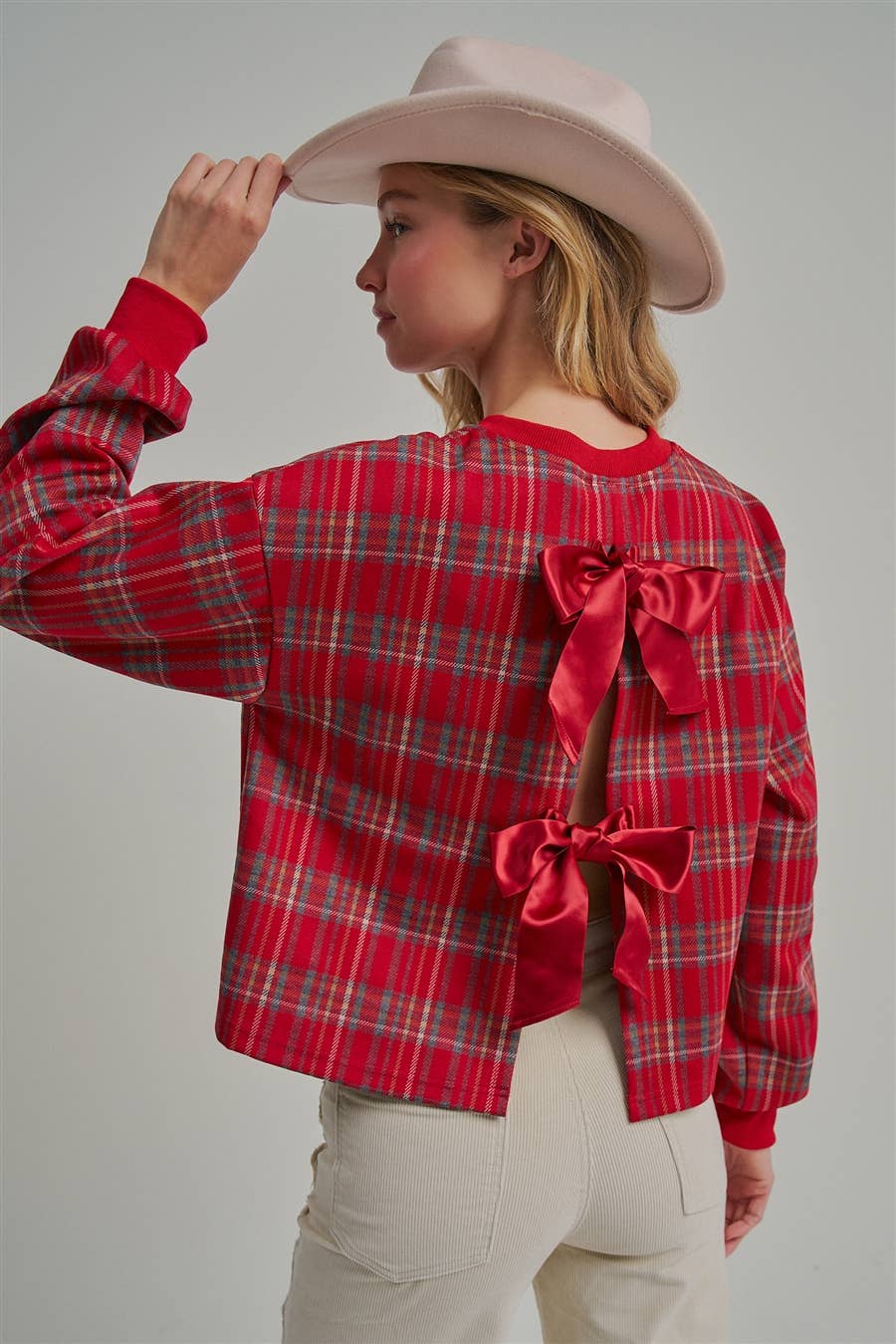 HOLIDAY PLAID TOP WITH OPENBACK WITH SATINRIBBON_JLT00383-01