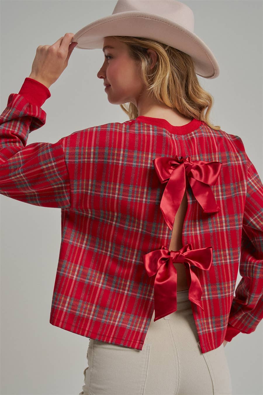 HOLIDAY PLAID TOP WITH OPENBACK WITH SATINRIBBON_JLT00383-01