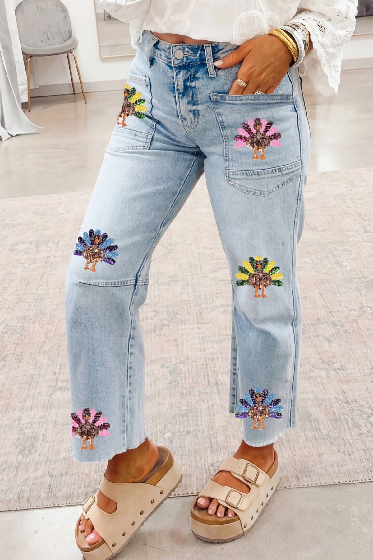 Sequin Turkey Patch Graphic Raw Hem Ankle Jeans