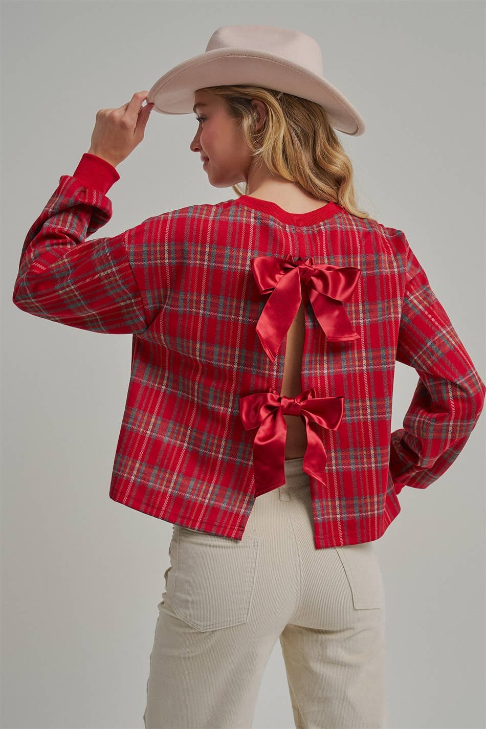 HOLIDAY PLAID TOP WITH OPENBACK WITH SATINRIBBON_JLT00383-01