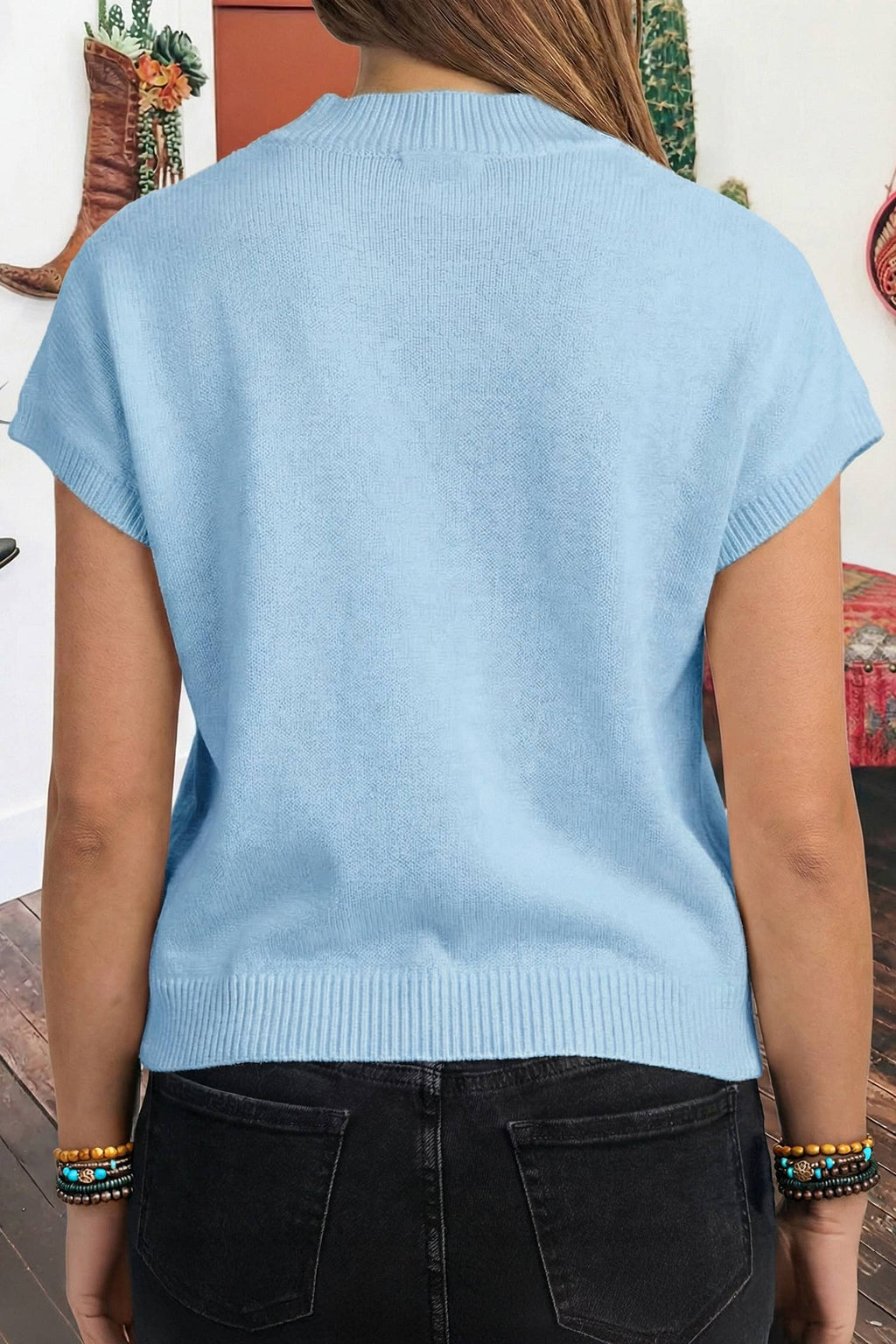 Spring Western Mock Neck Short Sleeve Knit Sweater *S-4X
