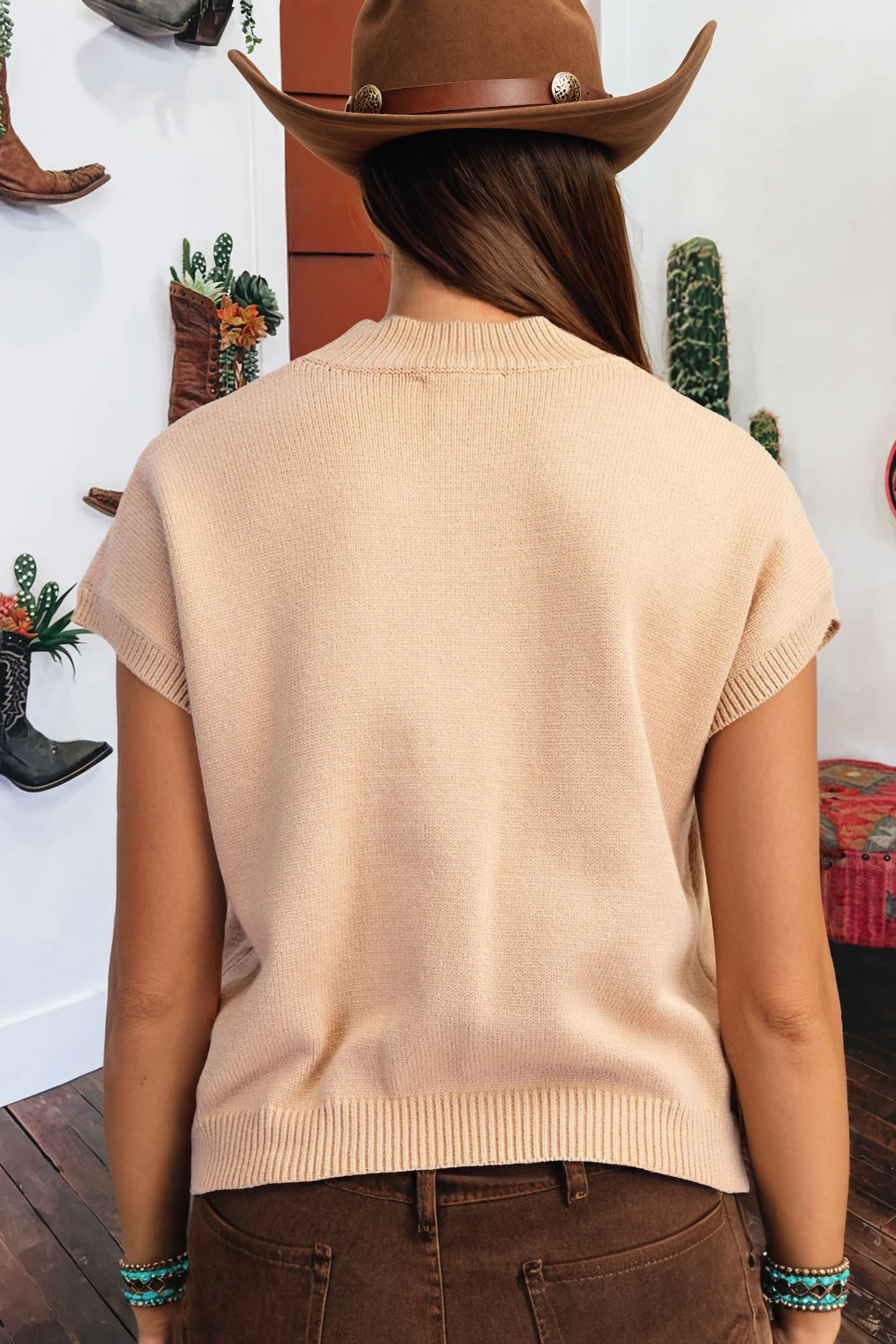 Spring Western Mock Neck Short Sleeve Knit Sweater *S-4X