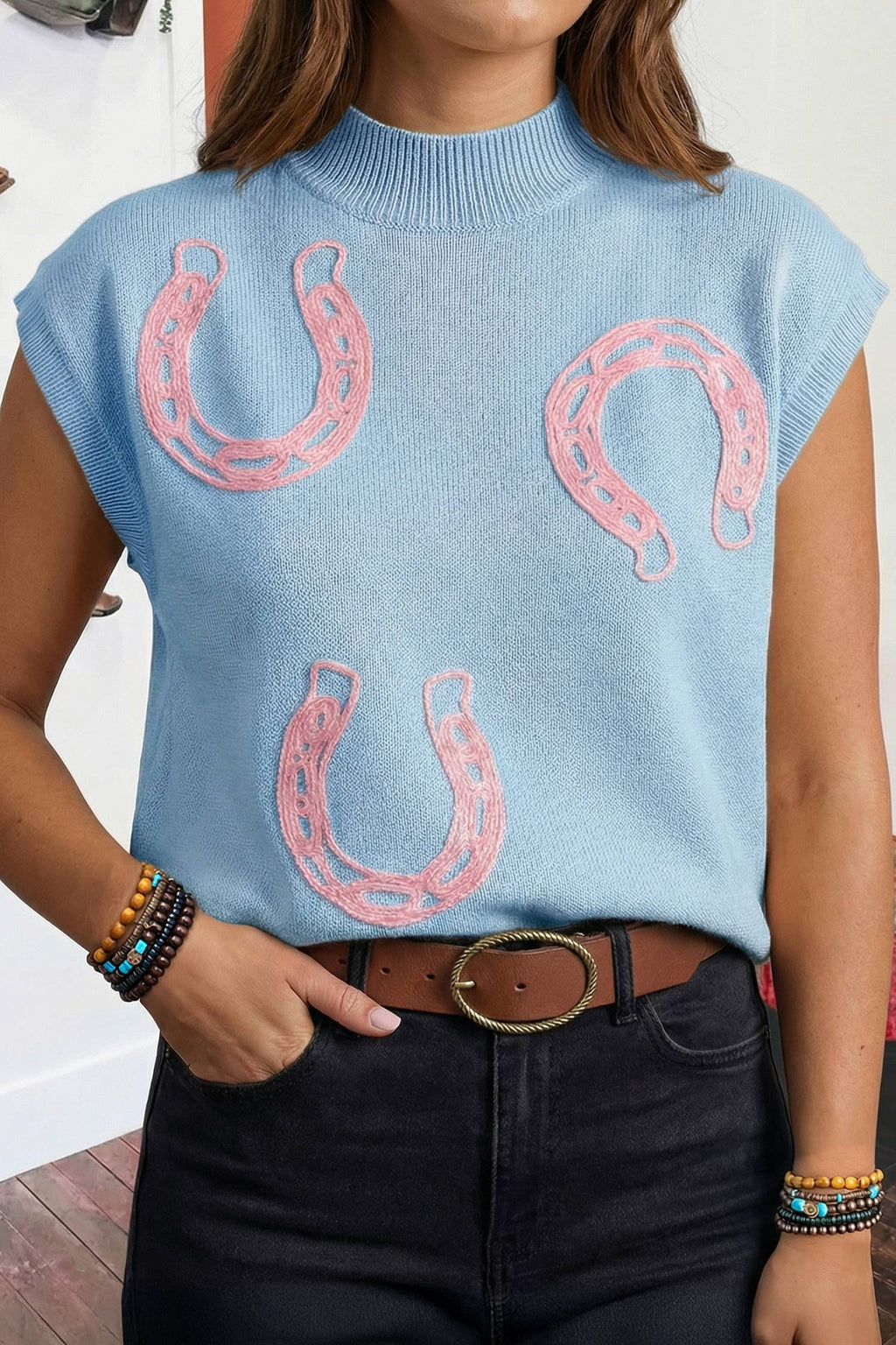 Spring Western Mock Neck Short Sleeve Knit Sweater *S-4X