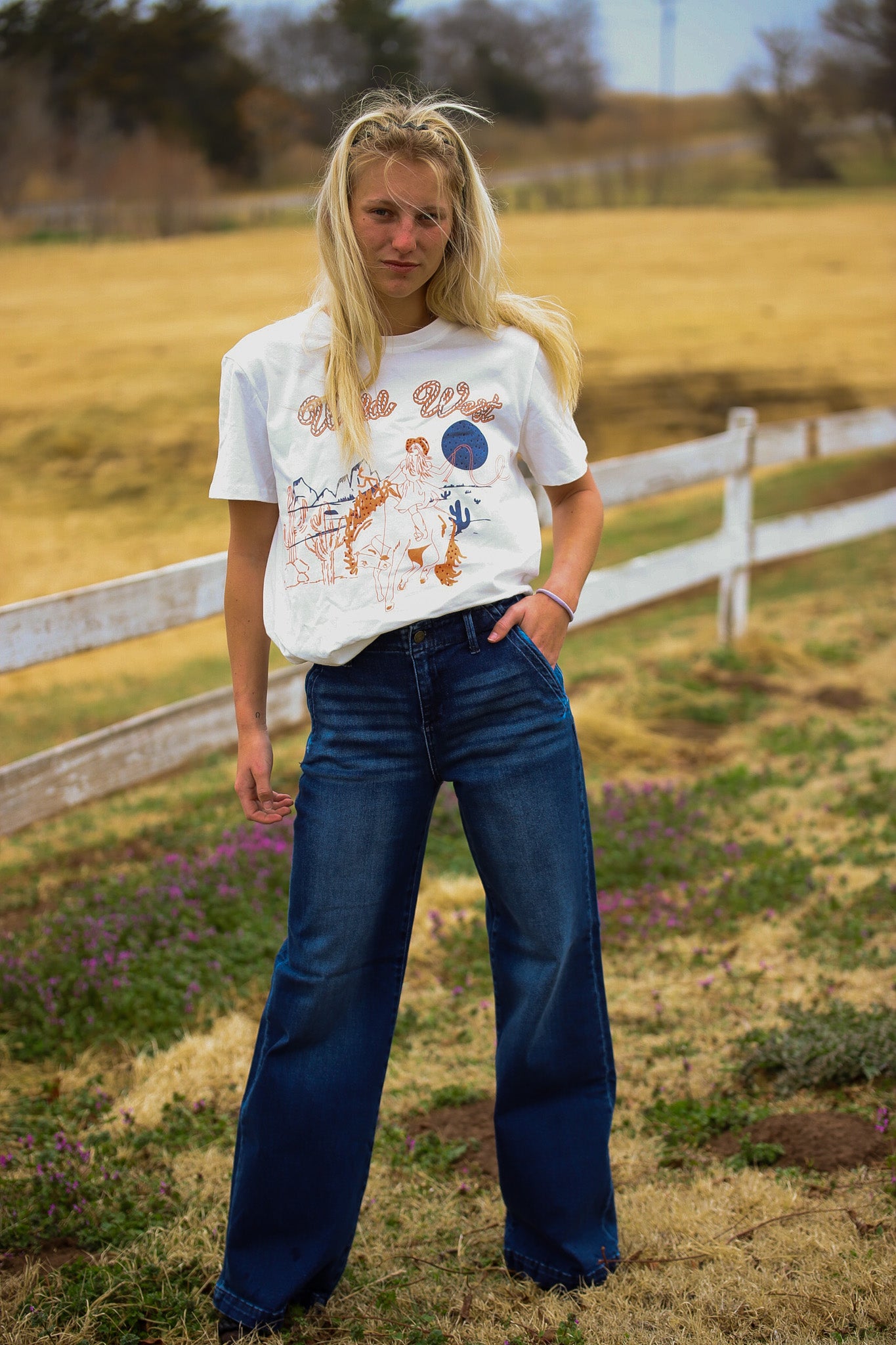 RISEN High Rise Wide Leg Slanted Pocket Jeans