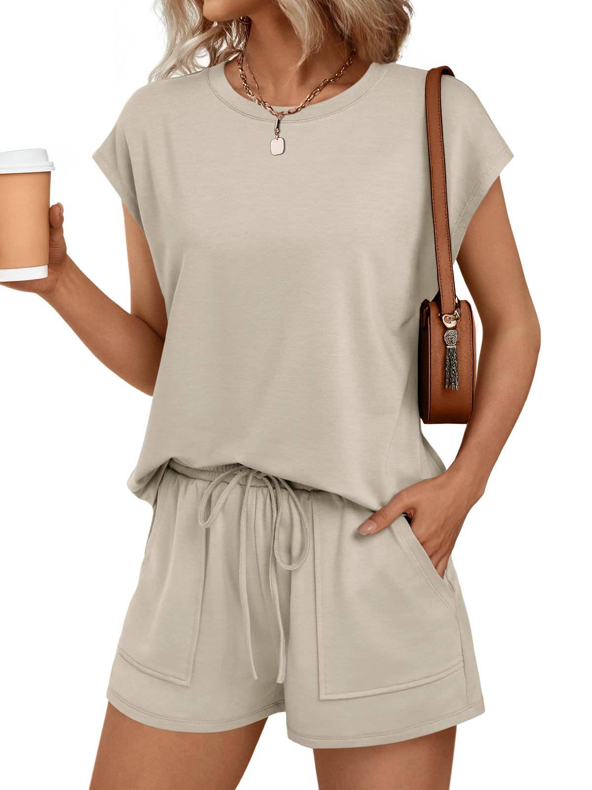 Casual Lounge Set Cap Sleeve Top Drawstring Shorts