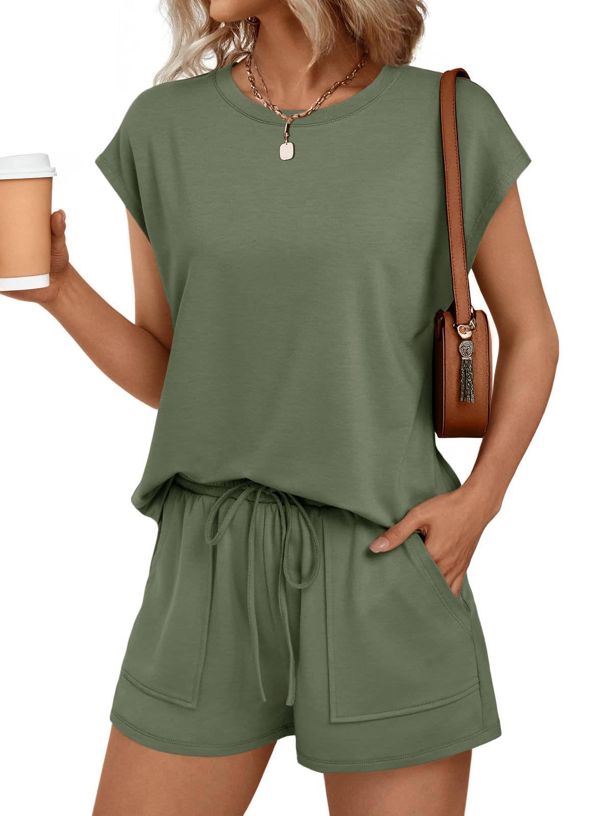 Casual Lounge Set Cap Sleeve Top Drawstring Shorts