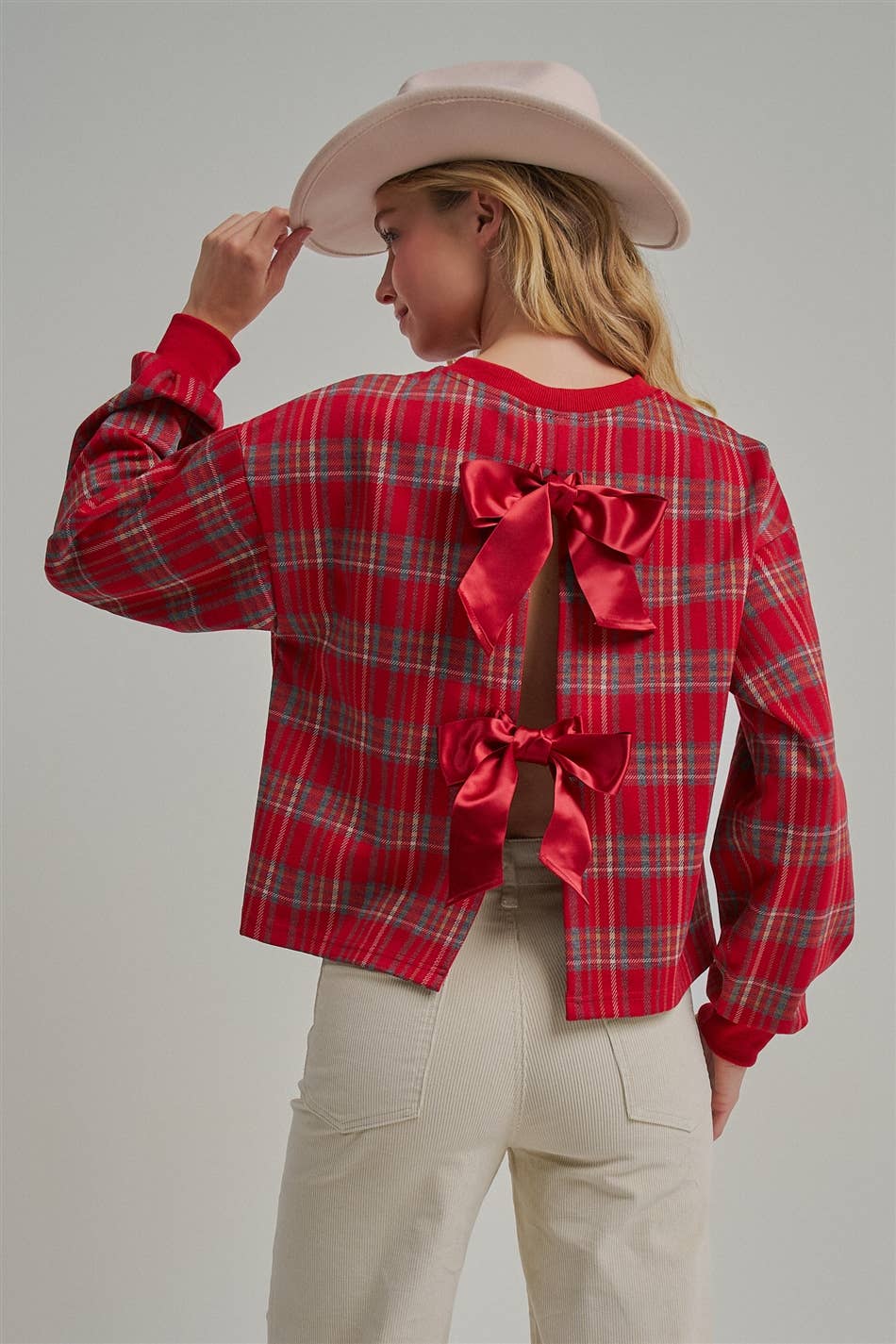 HOLIDAY PLAID TOP WITH OPENBACK WITH SATINRIBBON_JLT00383-01