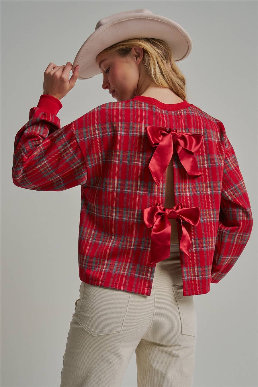 HOLIDAY PLAID TOP WITH OPENBACK WITH SATINRIBBON_JLT00383-01